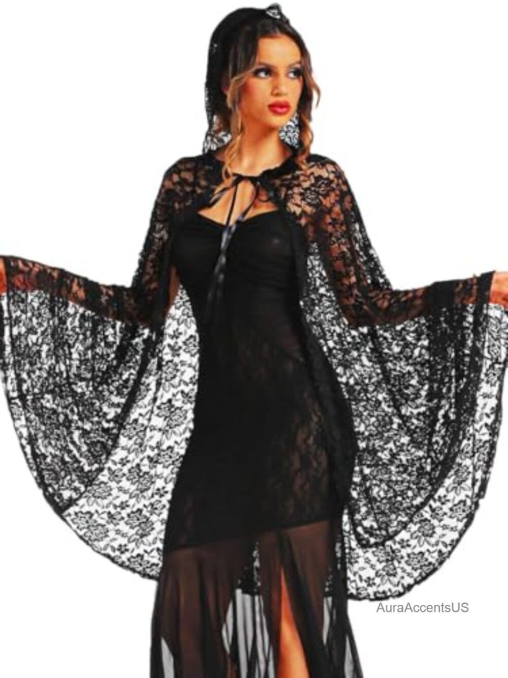 Lace Hooded Cape Cloak for Women - Sheer Black Short Cape Halloween Cover Up